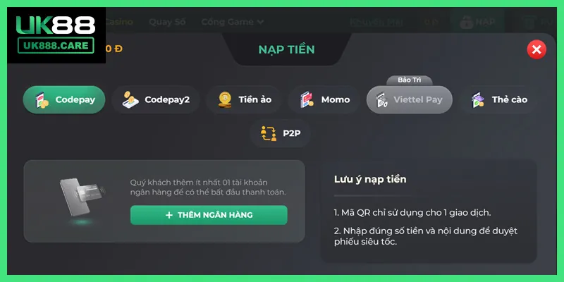 Các hình thức nạp tiền đa dạng, thuận lợi cho người chơi